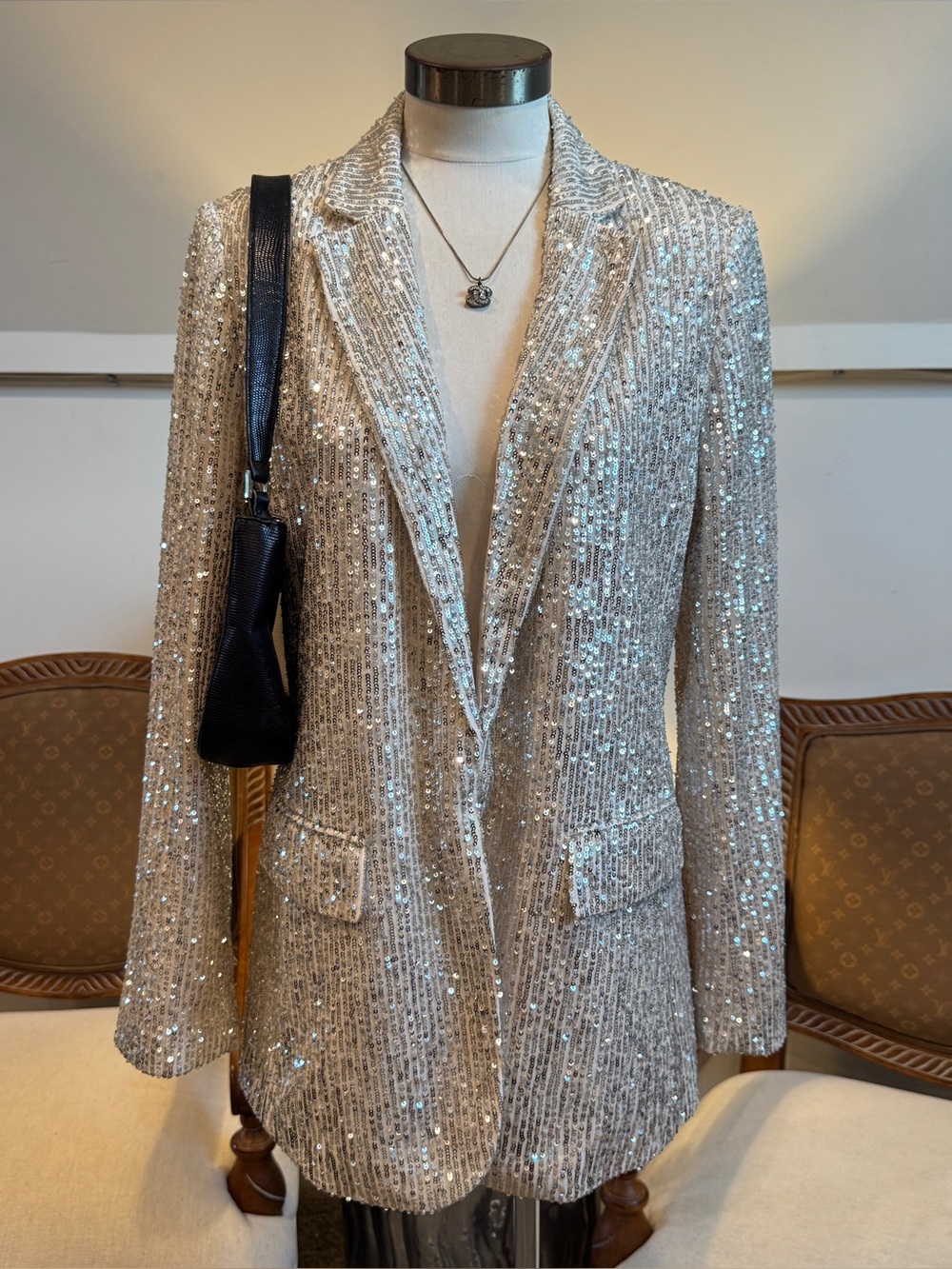 LOFT Silver Sequin Blazer Jacket Size 10 Glam Rock Party Office Siren MSRP $150